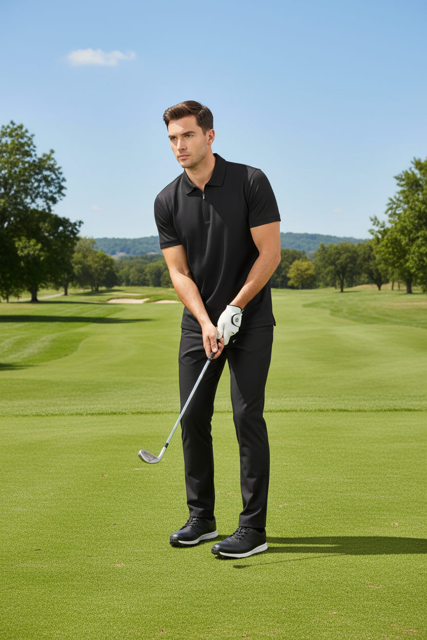 Men's sports polo shirt with 1/4 zip and zipper